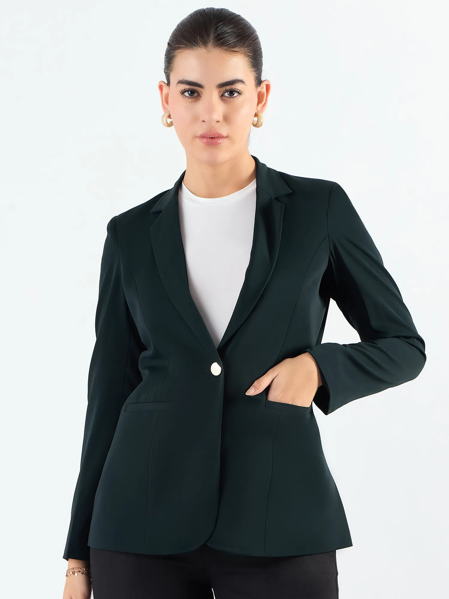 Bottle Green Classic Notched Lapel Tailored Fit Blazer in Stretchable Fabric