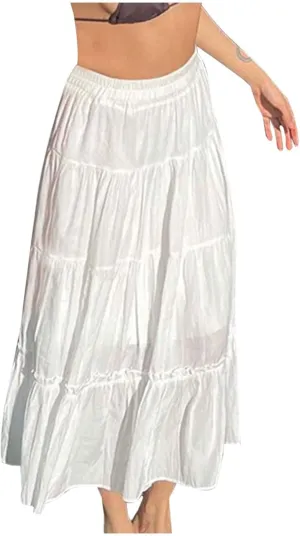 Elegant Vintage Solid Color Patchwork Bohemian Maxi Skirt | Casual Slimming A Line Midi for Skirts for Women