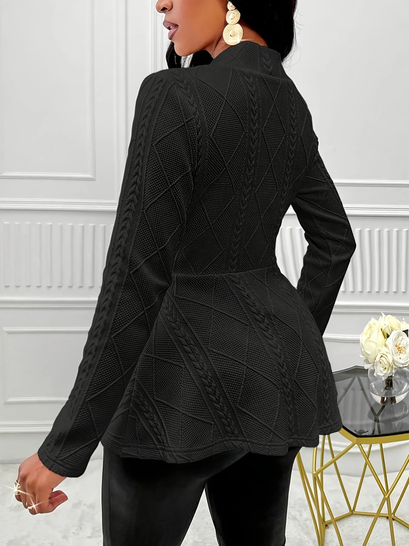 ELSORE | Solid Texture Blazer with Long Sleeves