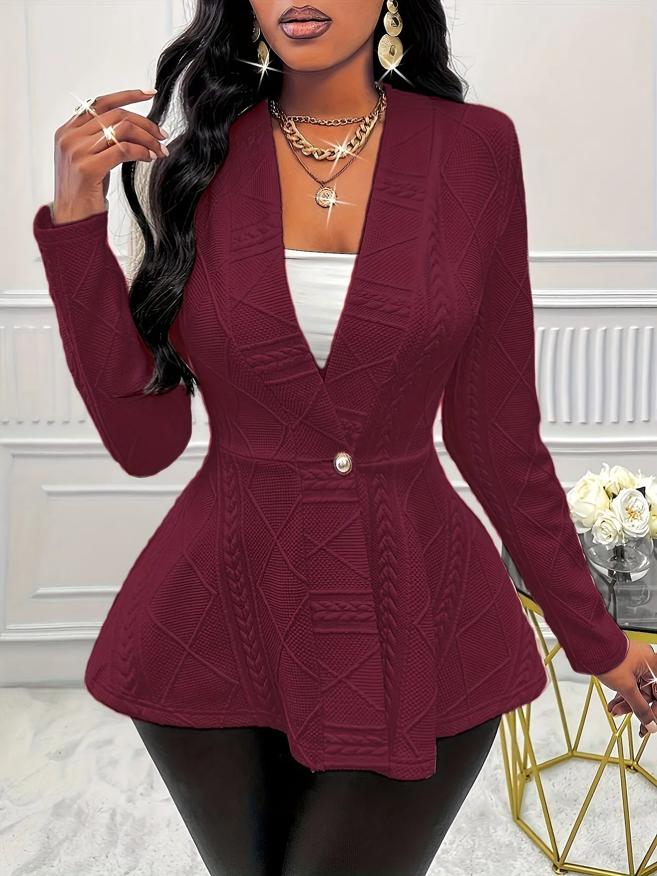 ELSORE | Solid Texture Blazer with Long Sleeves