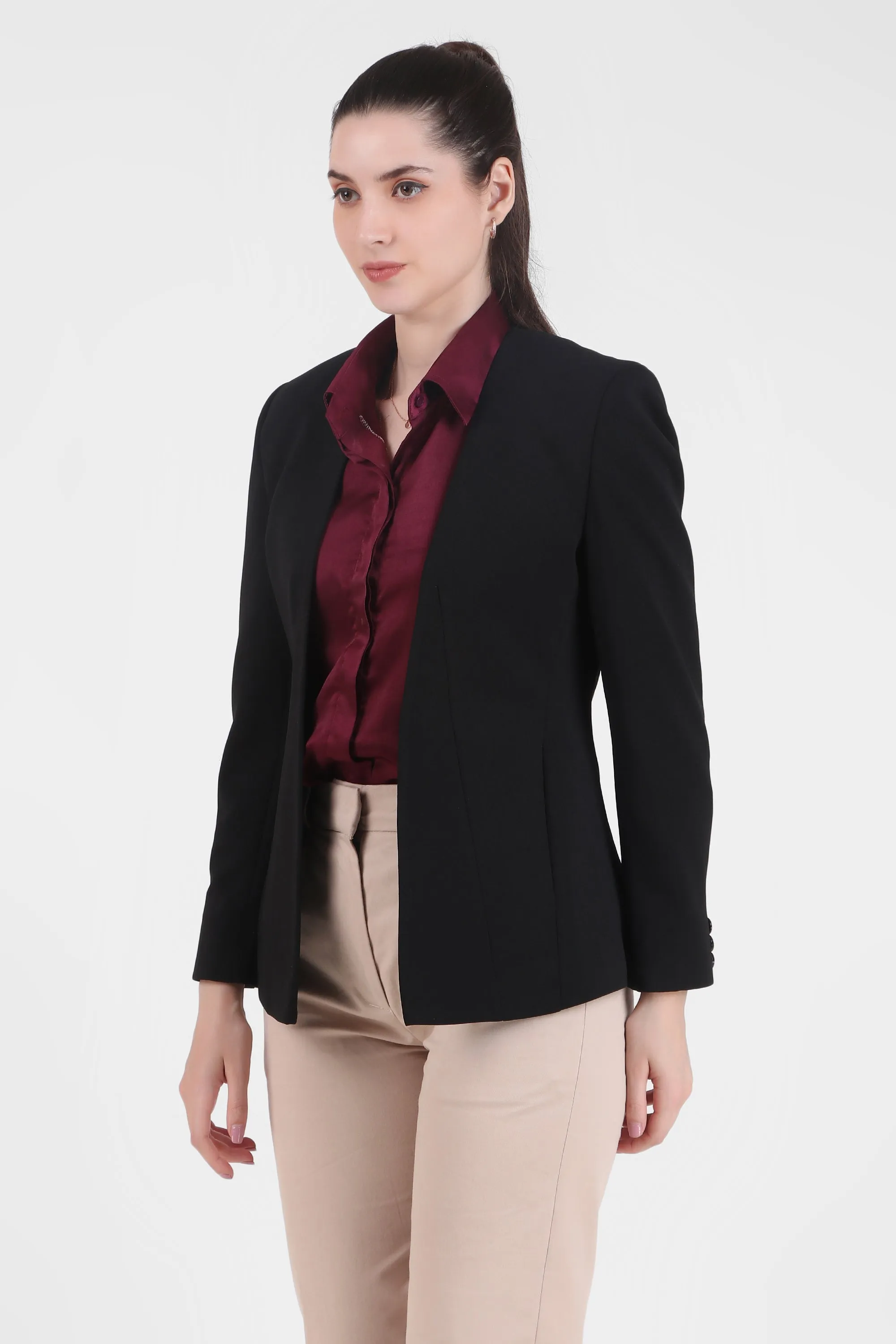 Front Open Style Stretch Crepe Blazer, Black