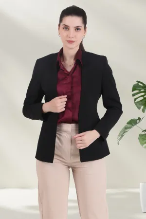 Front Open Style Stretch Crepe Blazer, Black