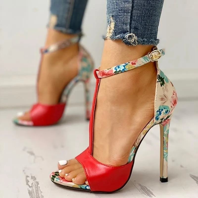 High Heel Floral Print Sandals