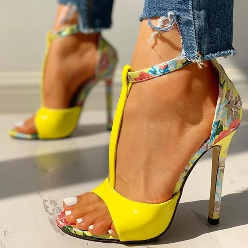 High Heel Floral Print Sandals
