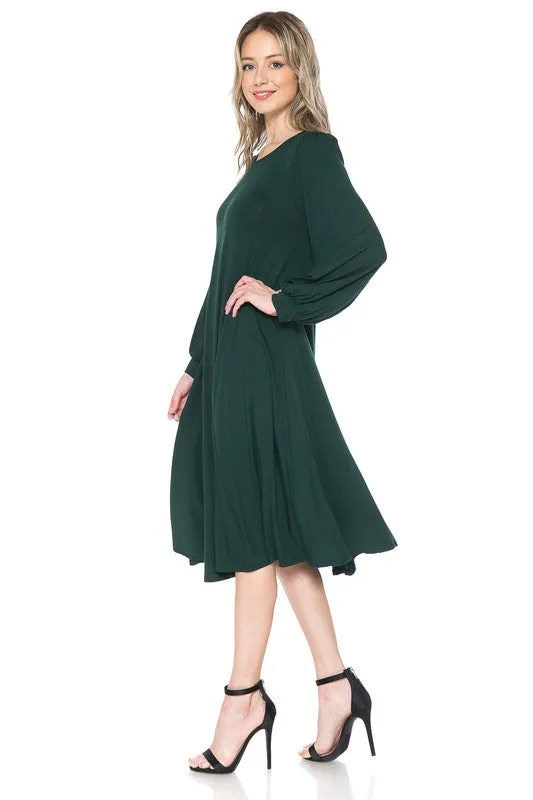 Hunter Green Bishop Sleeve Midi Dress