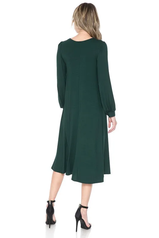Hunter Green Bishop Sleeve Midi Dress