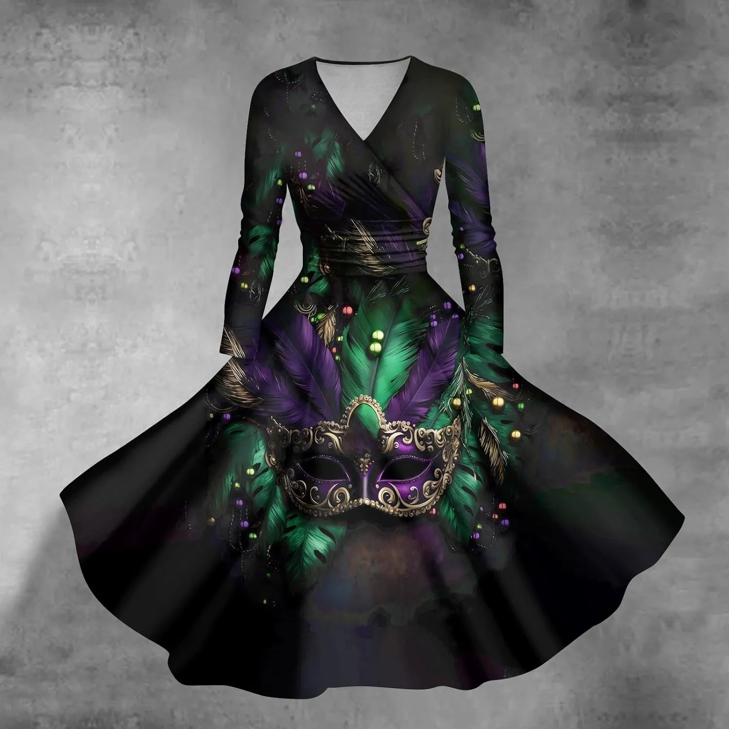 Mardi Gras Dress for Women V Neck Long Sleeve Carnival Printed Empire Waist Wrap Pleated Midi Dresses