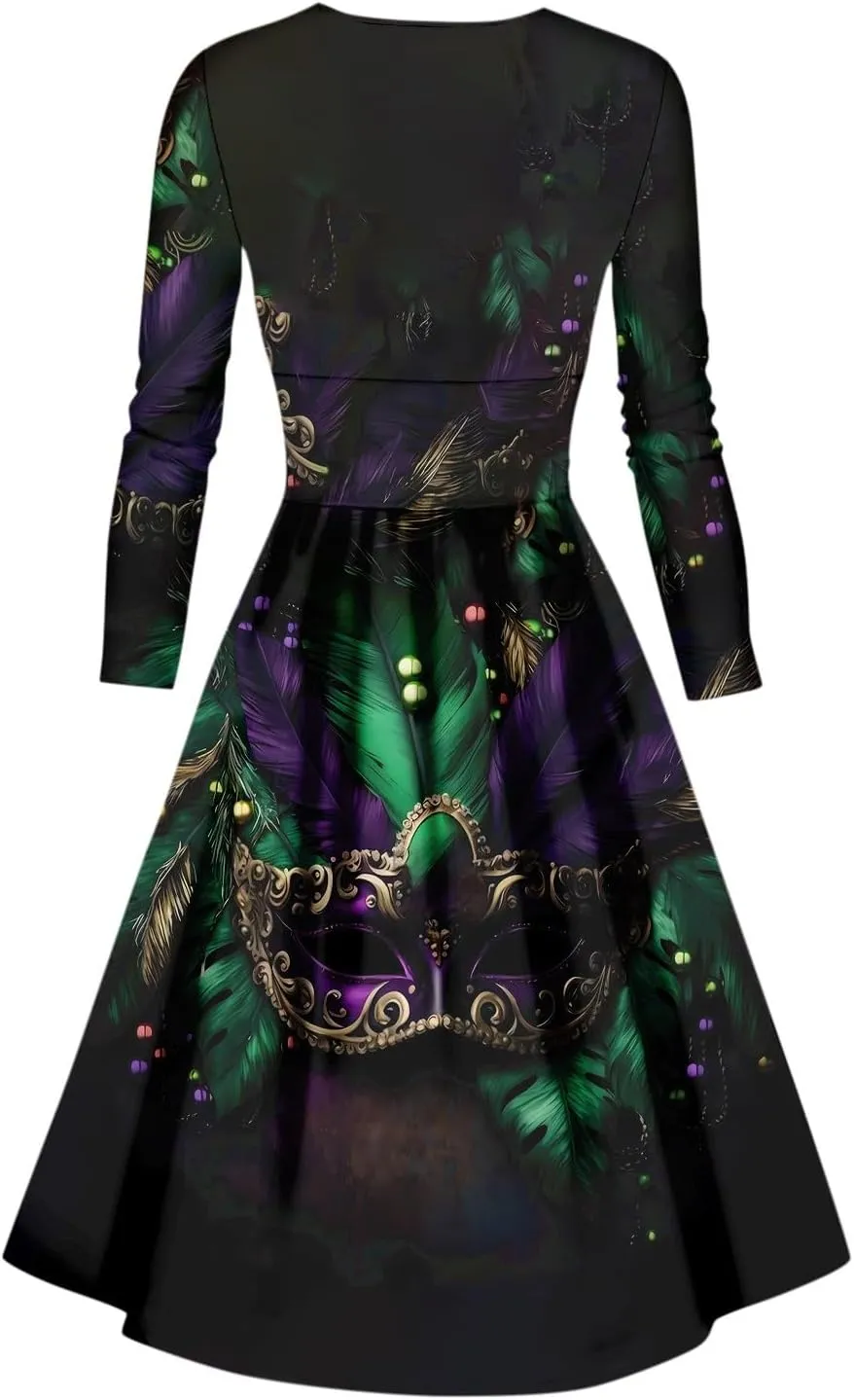 Mardi Gras Dress for Women V Neck Long Sleeve Carnival Printed Empire Waist Wrap Pleated Midi Dresses