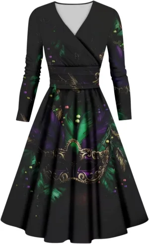 Mardi Gras Dress for Women V Neck Long Sleeve Carnival Printed Empire Waist Wrap Pleated Midi Dresses