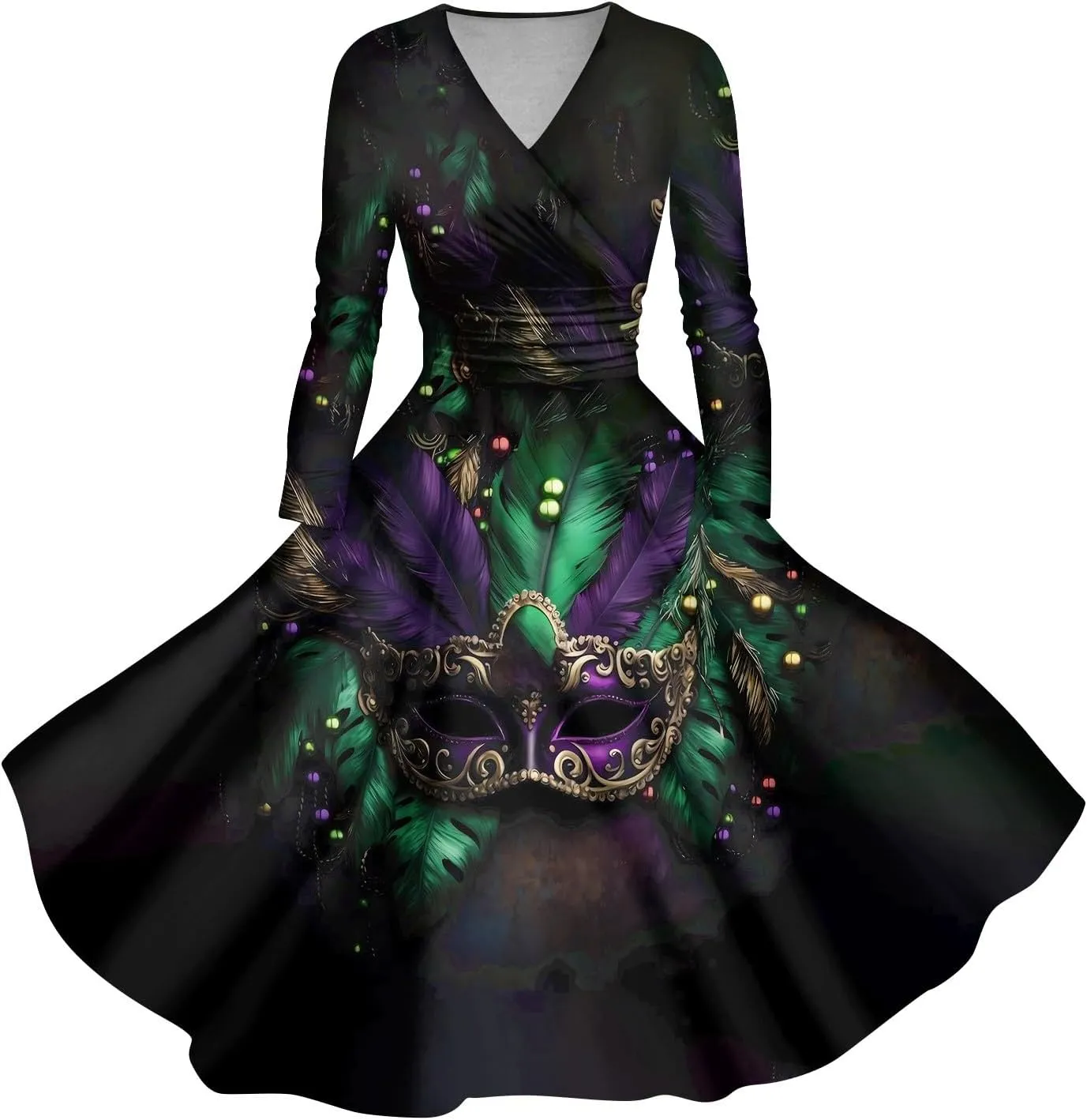 Mardi Gras Dress for Women V Neck Long Sleeve Carnival Printed Empire Waist Wrap Pleated Midi Dresses