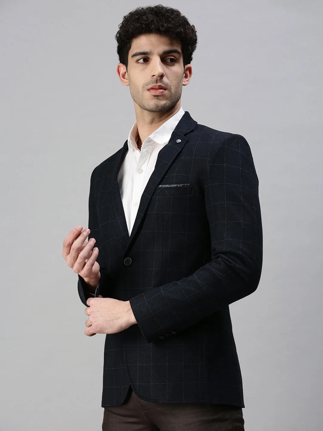 Men Navy Blue Solid Slim-Fit Single-Breasted Formal Blazers