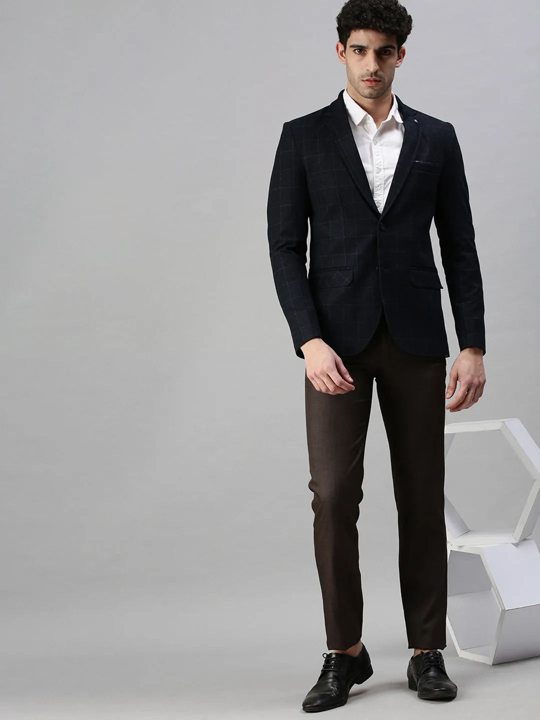 Men Navy Blue Solid Slim-Fit Single-Breasted Formal Blazers