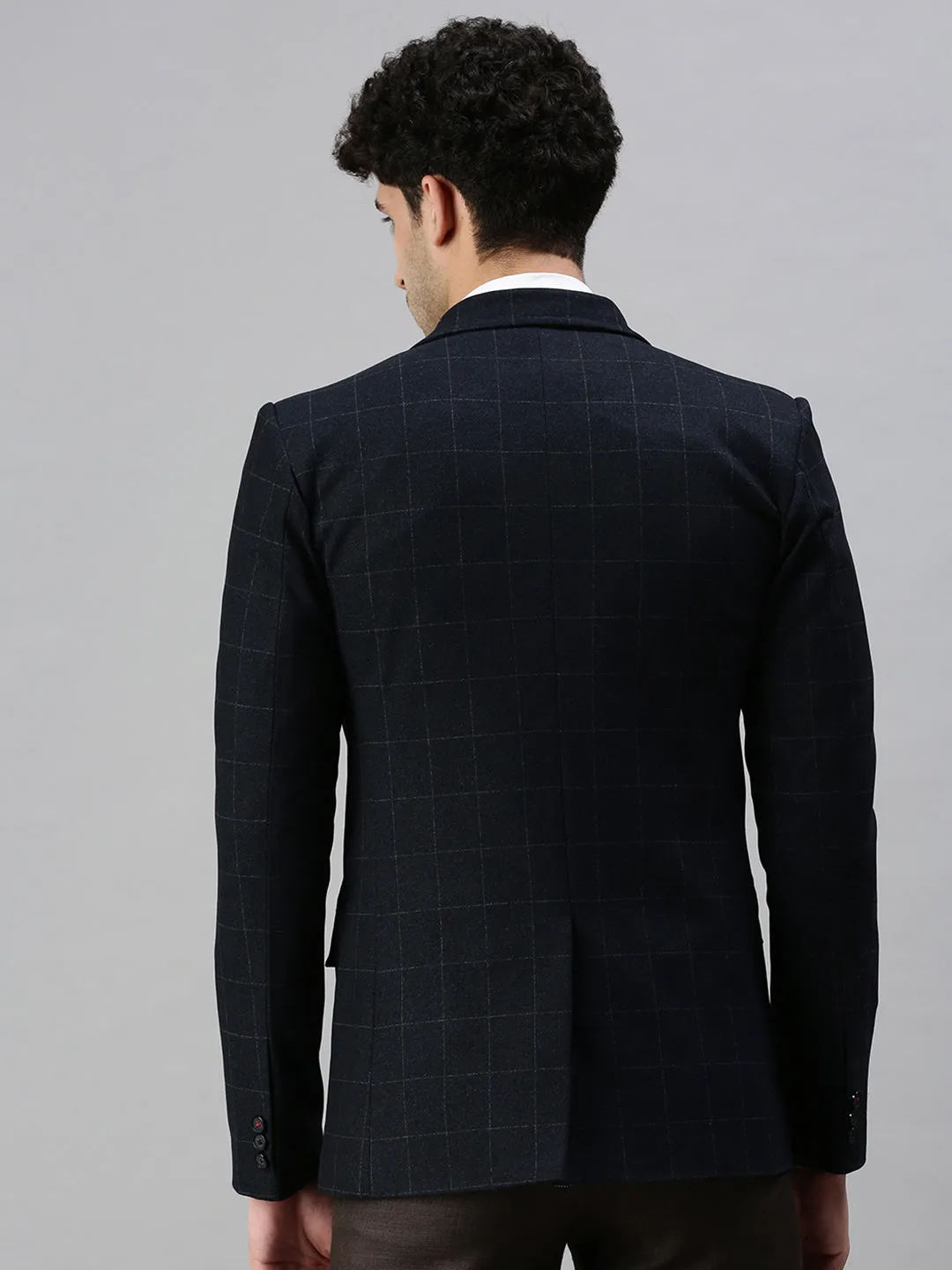 Men Navy Blue Solid Slim-Fit Single-Breasted Formal Blazers