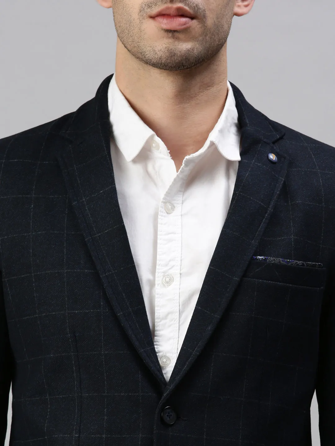 Men Navy Blue Solid Slim-Fit Single-Breasted Formal Blazers