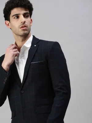 Men Navy Blue Solid Slim-Fit Single-Breasted Formal Blazers