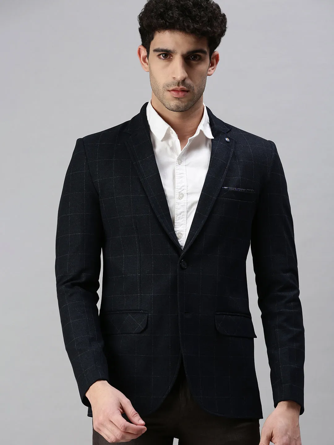 Men Navy Blue Solid Slim-Fit Single-Breasted Formal Blazers