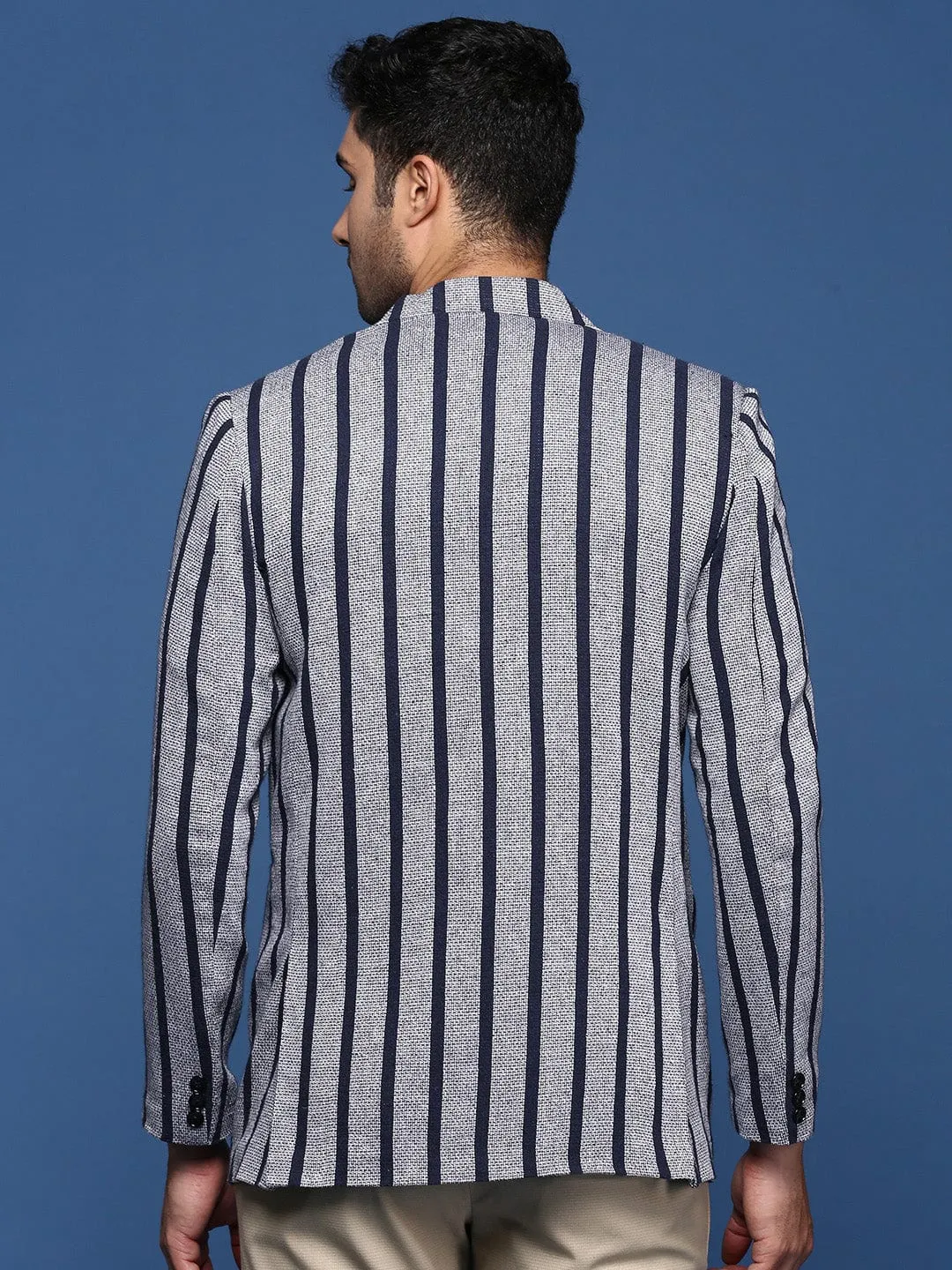 Men Navy Blue Striped Notched Lapel Slim Fit Single Breasted Blazers