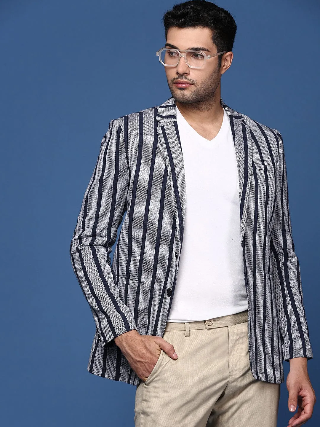 Men Navy Blue Striped Notched Lapel Slim Fit Single Breasted Blazers