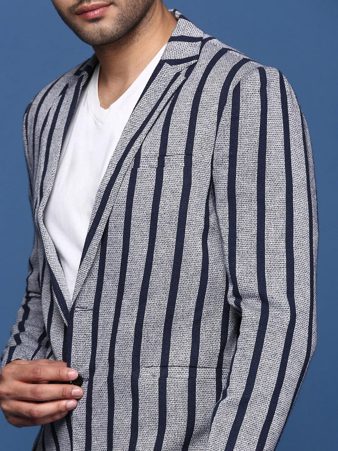 Men Navy Blue Striped Notched Lapel Slim Fit Single Breasted Blazers