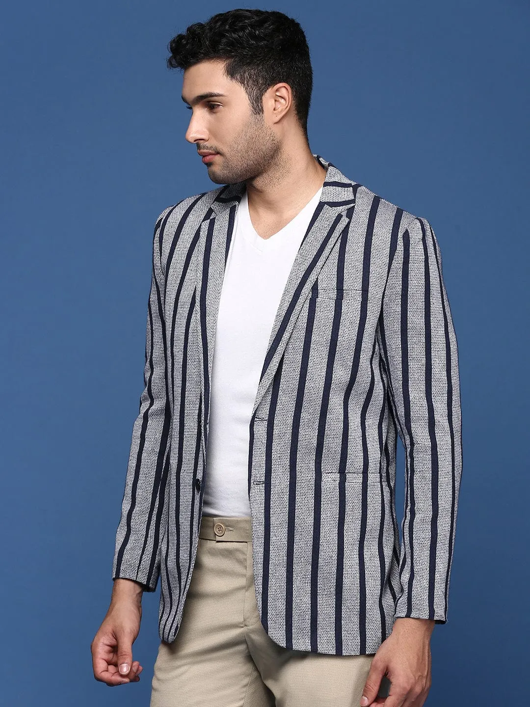 Men Navy Blue Striped Notched Lapel Slim Fit Single Breasted Blazers