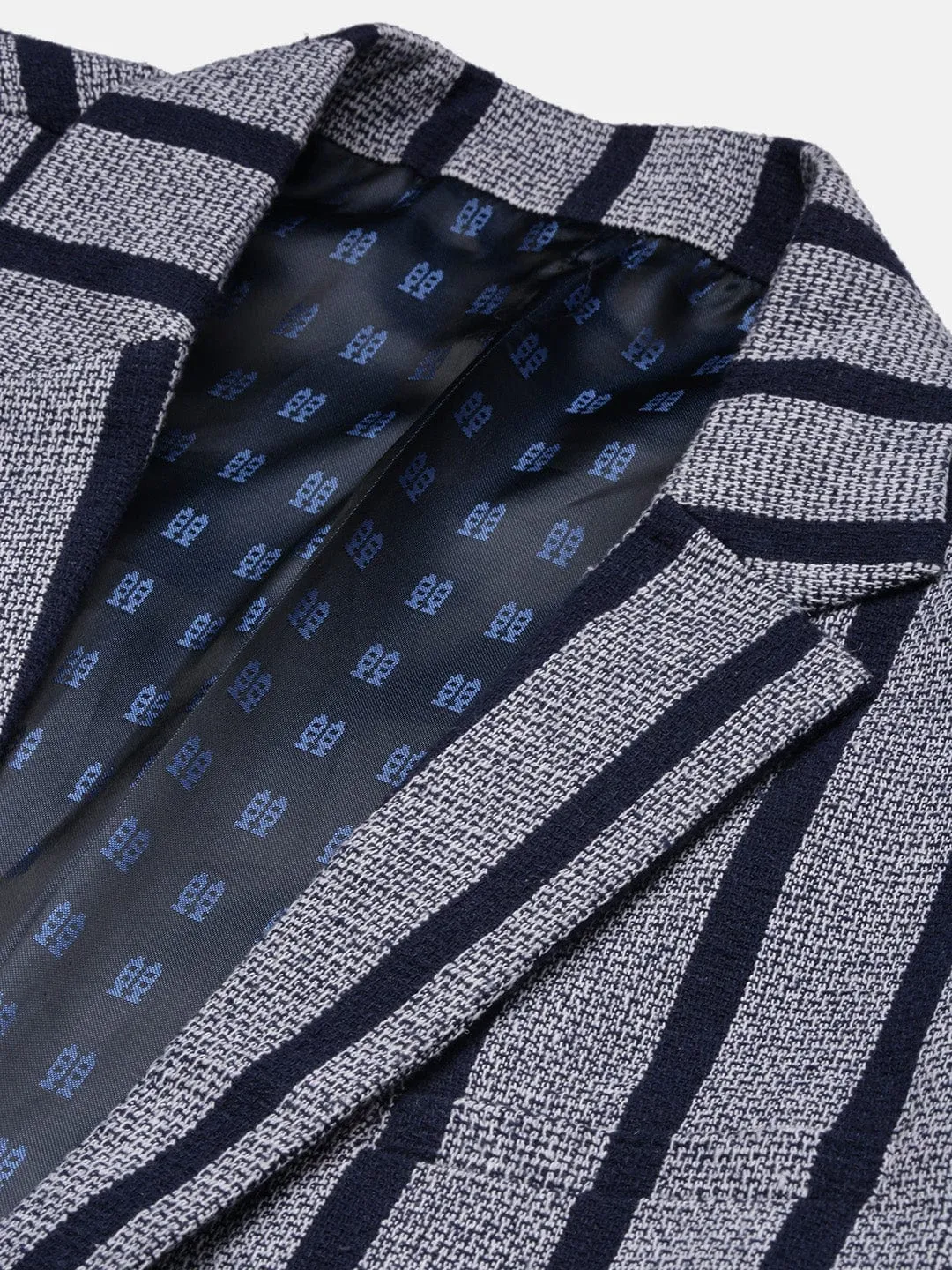 Men Navy Blue Striped Notched Lapel Slim Fit Single Breasted Blazers