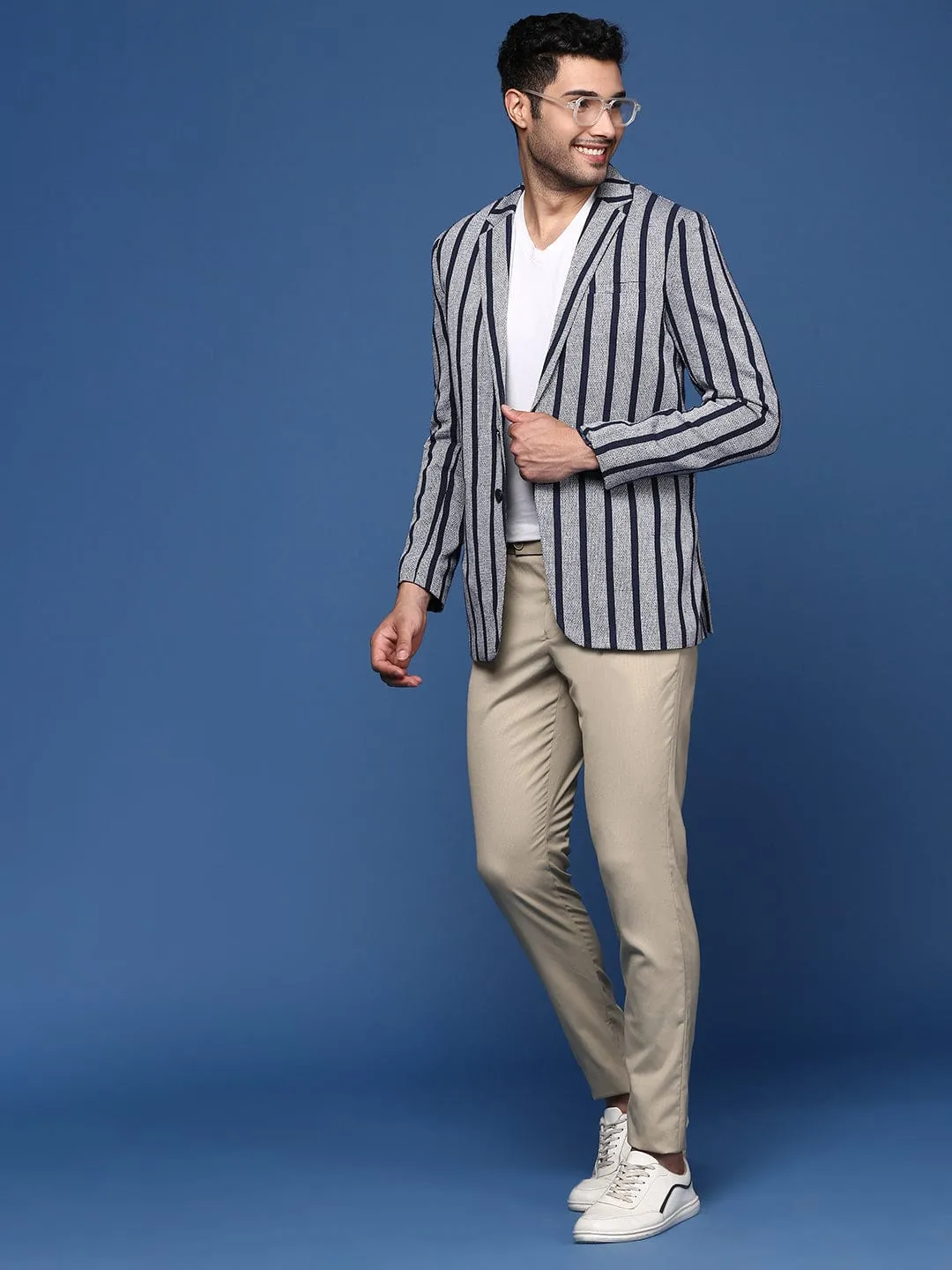 Men Navy Blue Striped Notched Lapel Slim Fit Single Breasted Blazers