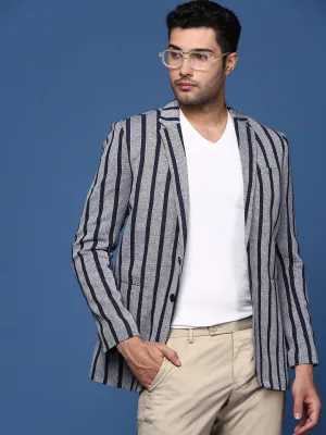 Men Navy Blue Striped Notched Lapel Slim Fit Single Breasted Blazers