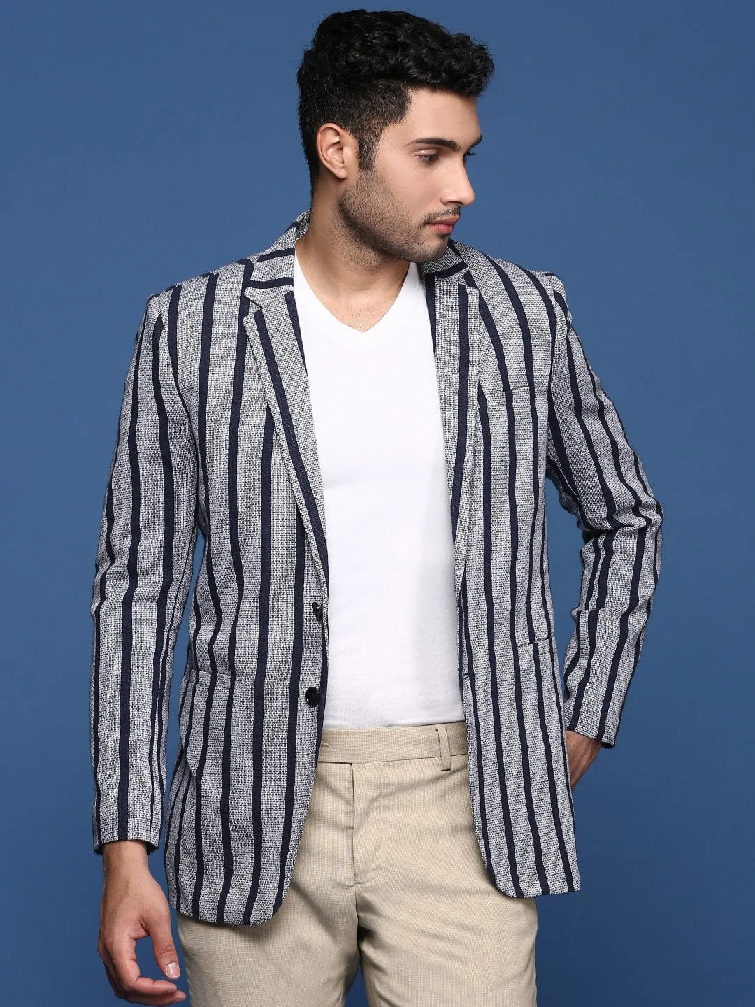 Men Navy Blue Striped Notched Lapel Slim Fit Single Breasted Blazers