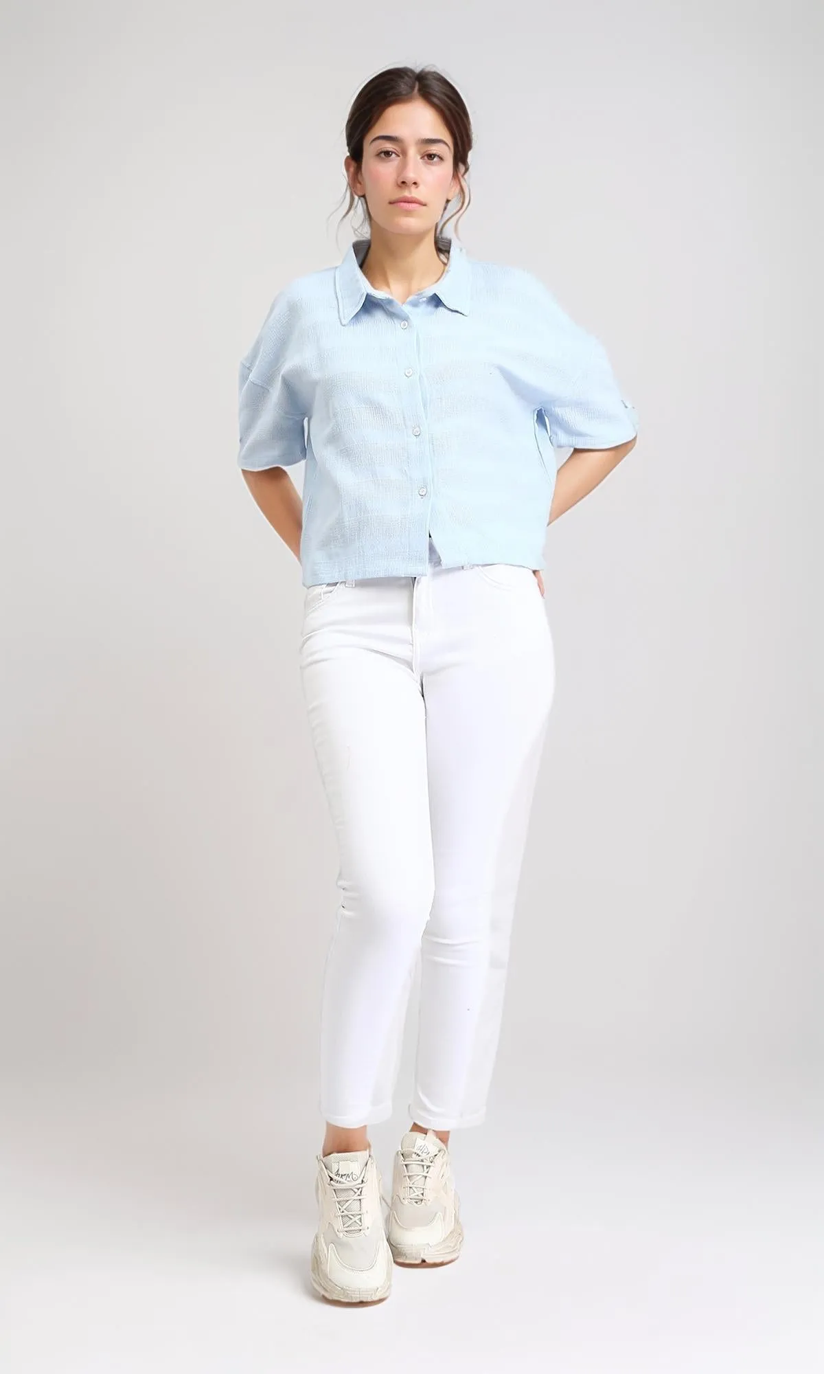 R208601 - Relaxed Elbow Sleeves Short Shirt - Light Blue