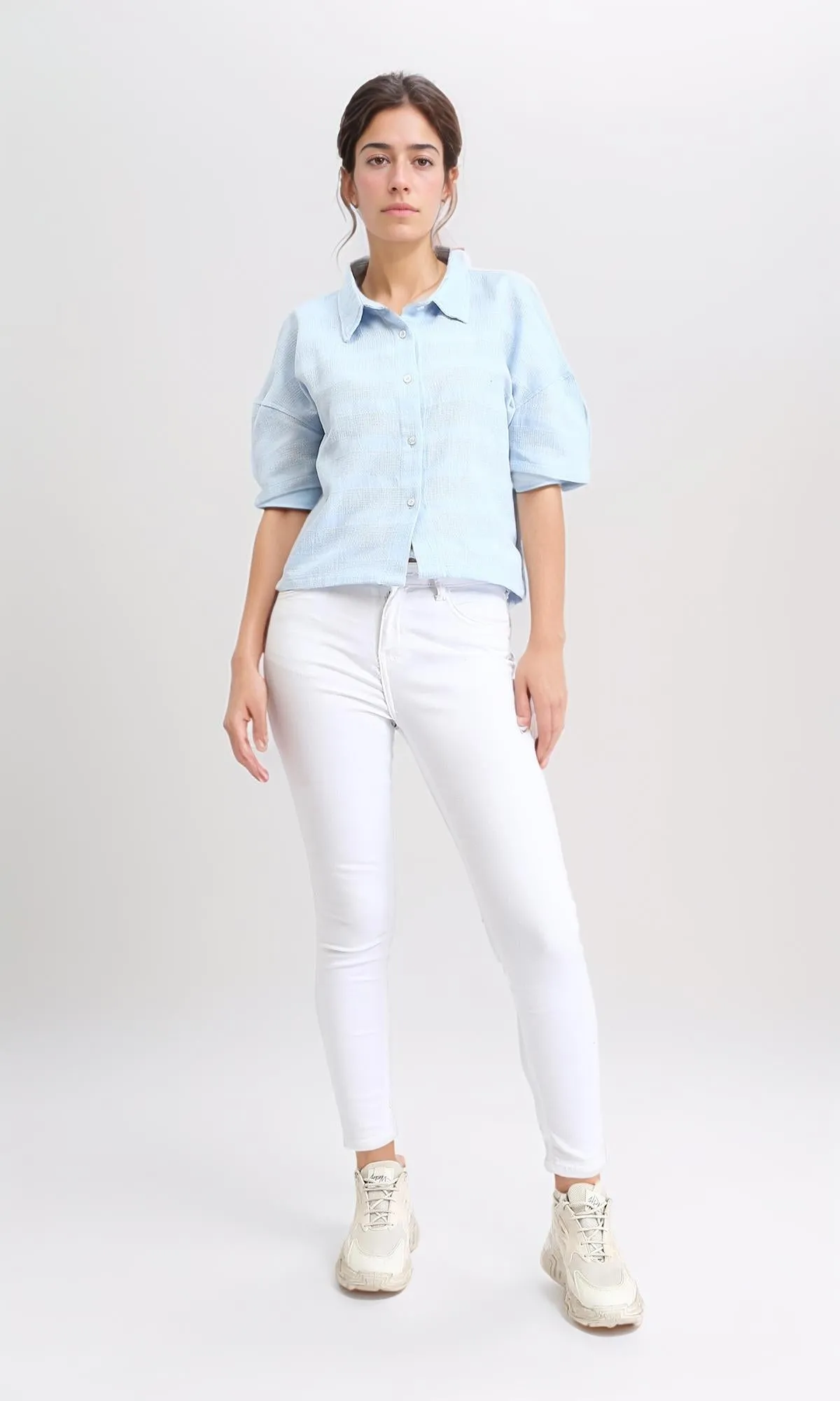 R208601 - Relaxed Elbow Sleeves Short Shirt - Light Blue