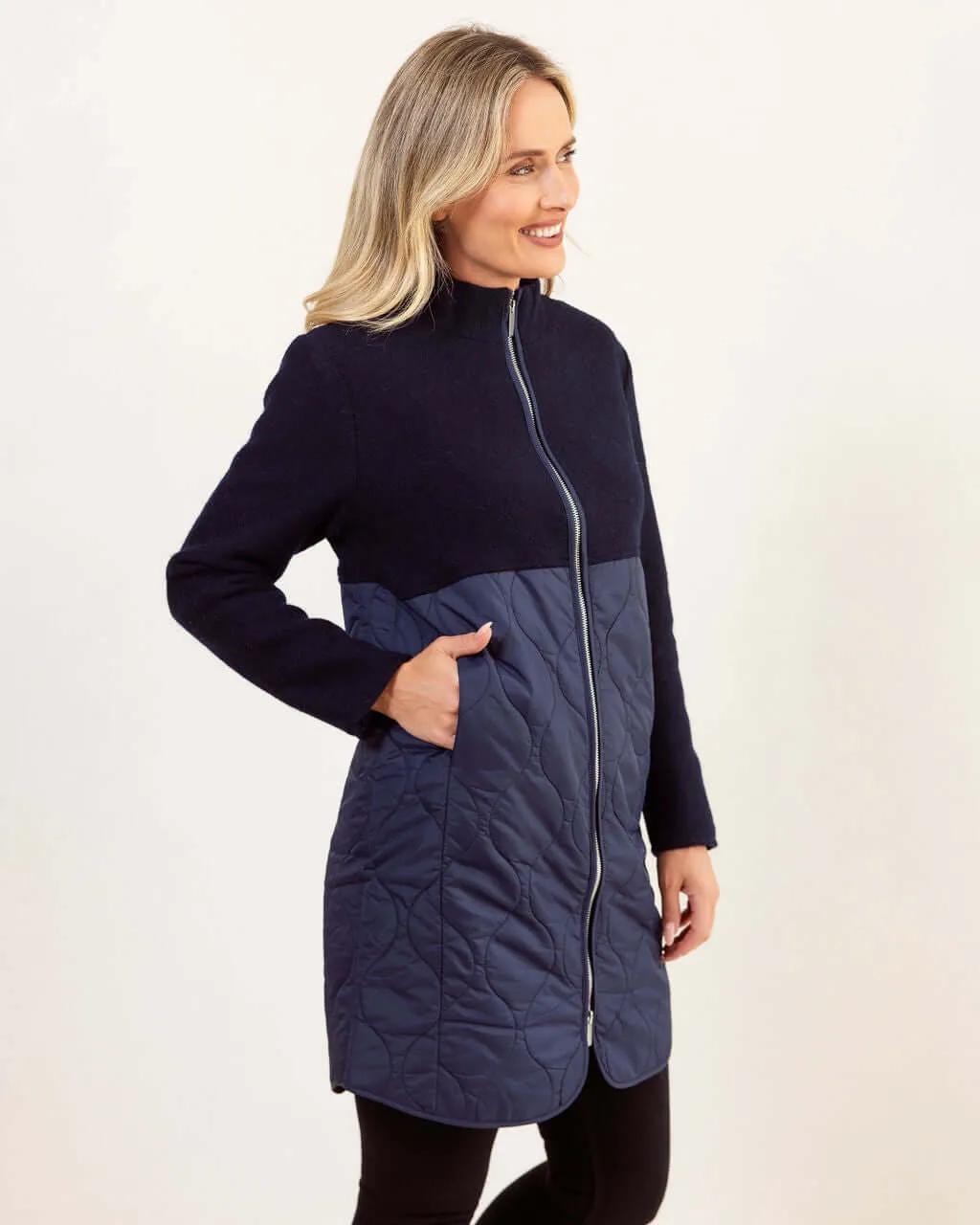 See Saw Boiled Wool Quilted Coat in Navy
