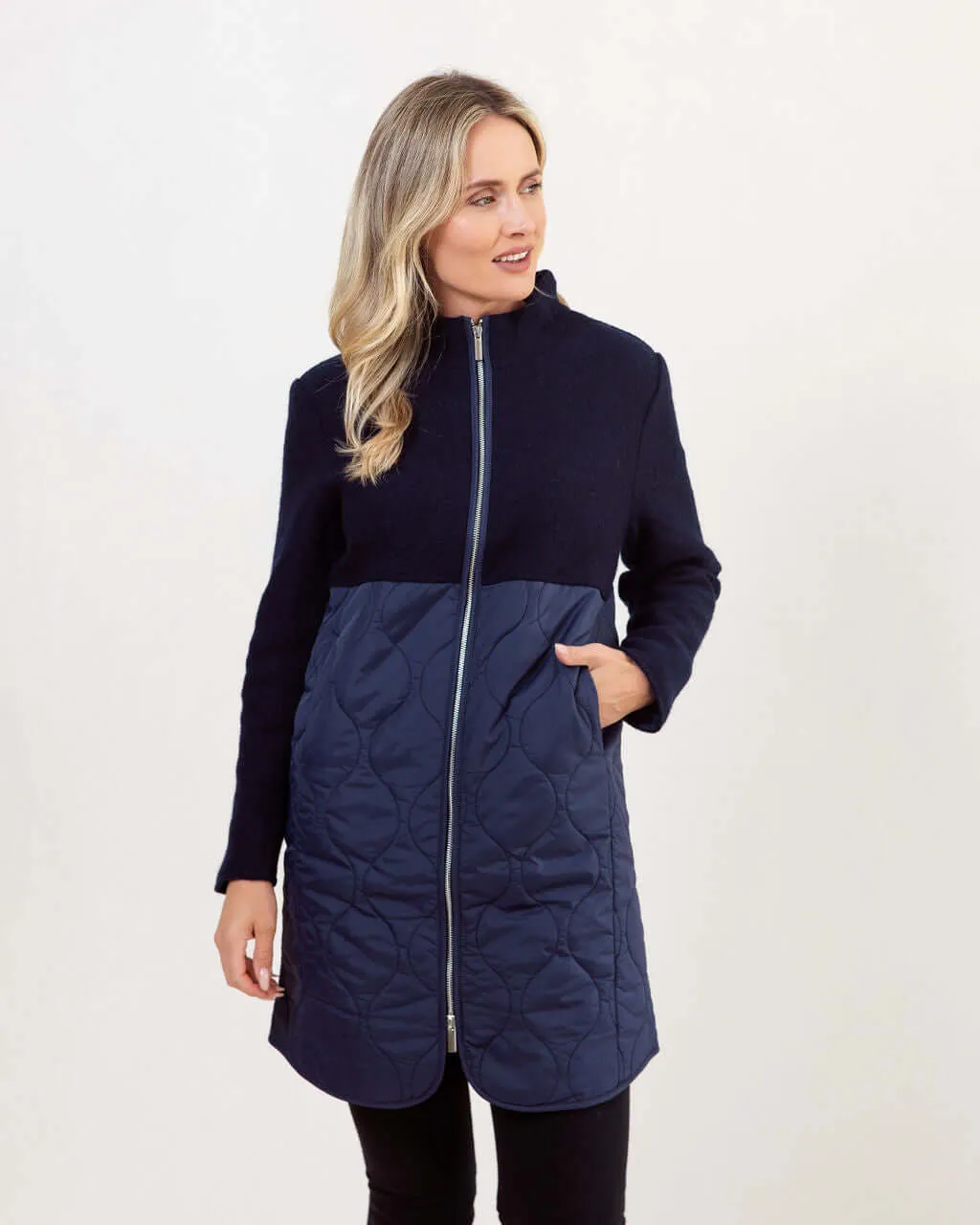 See Saw Boiled Wool Quilted Coat in Navy
