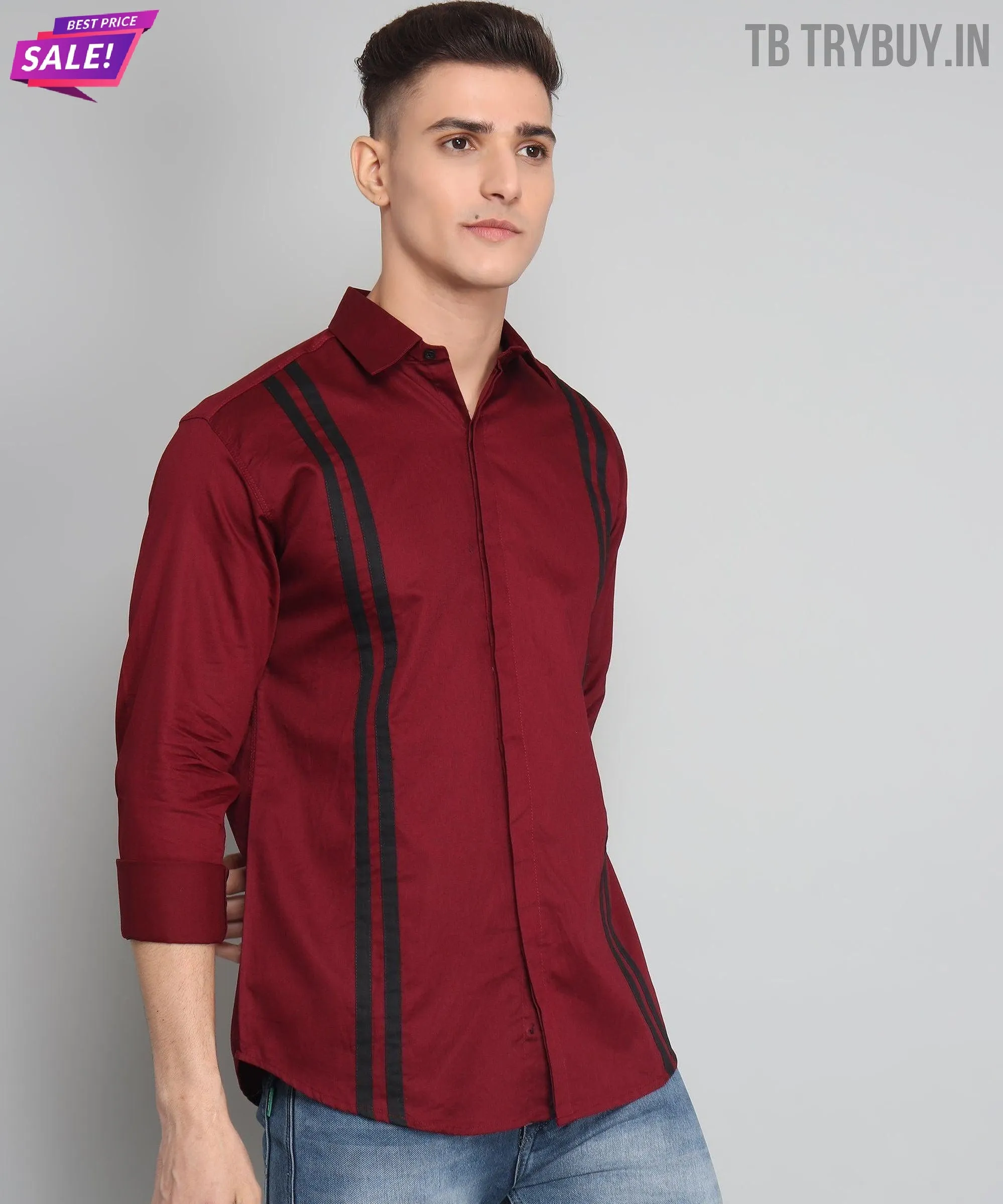 TryBuy Premium Maroon Colored Black Striped Cotton Casual Shirt for Men