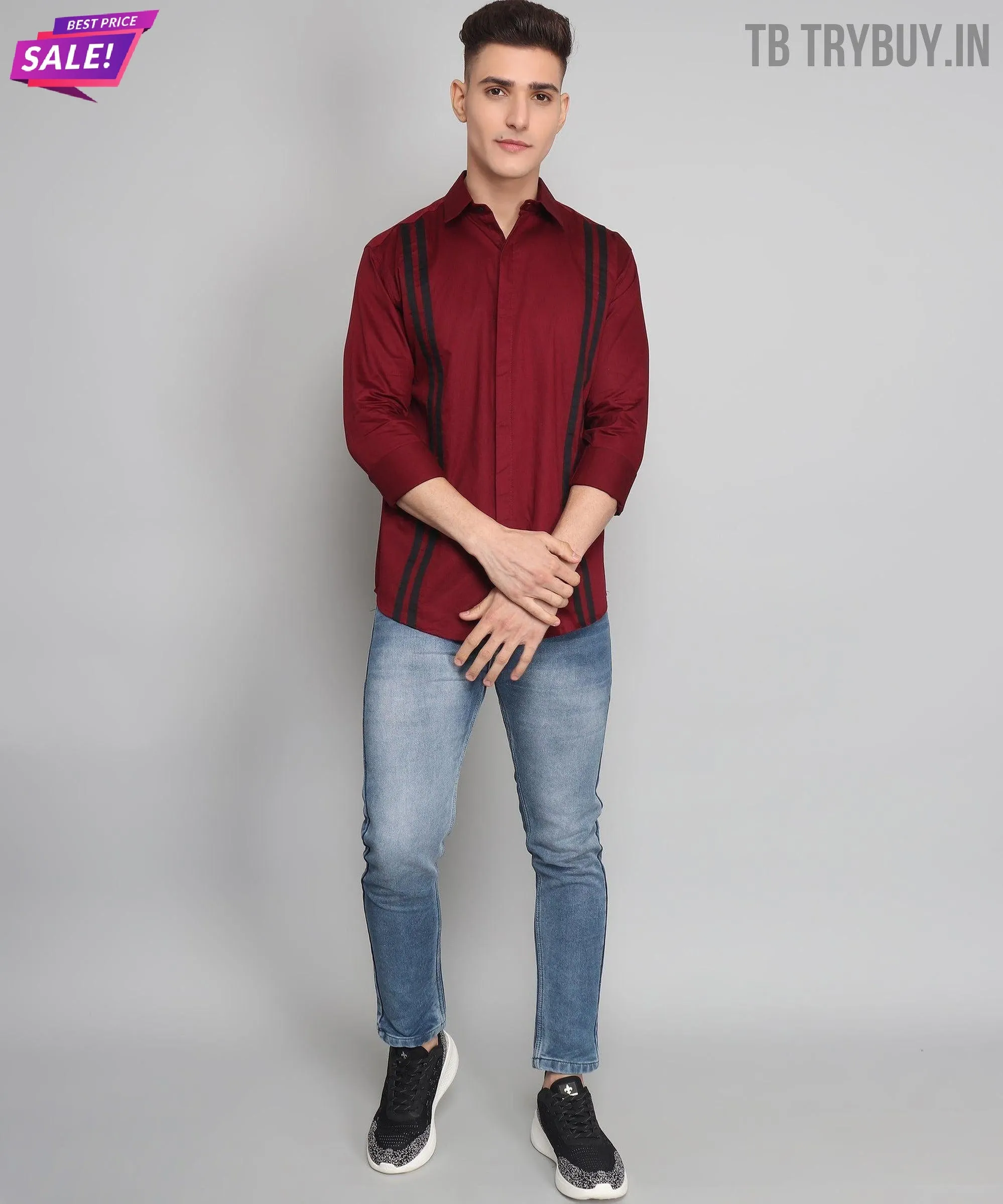 TryBuy Premium Maroon Colored Black Striped Cotton Casual Shirt for Men