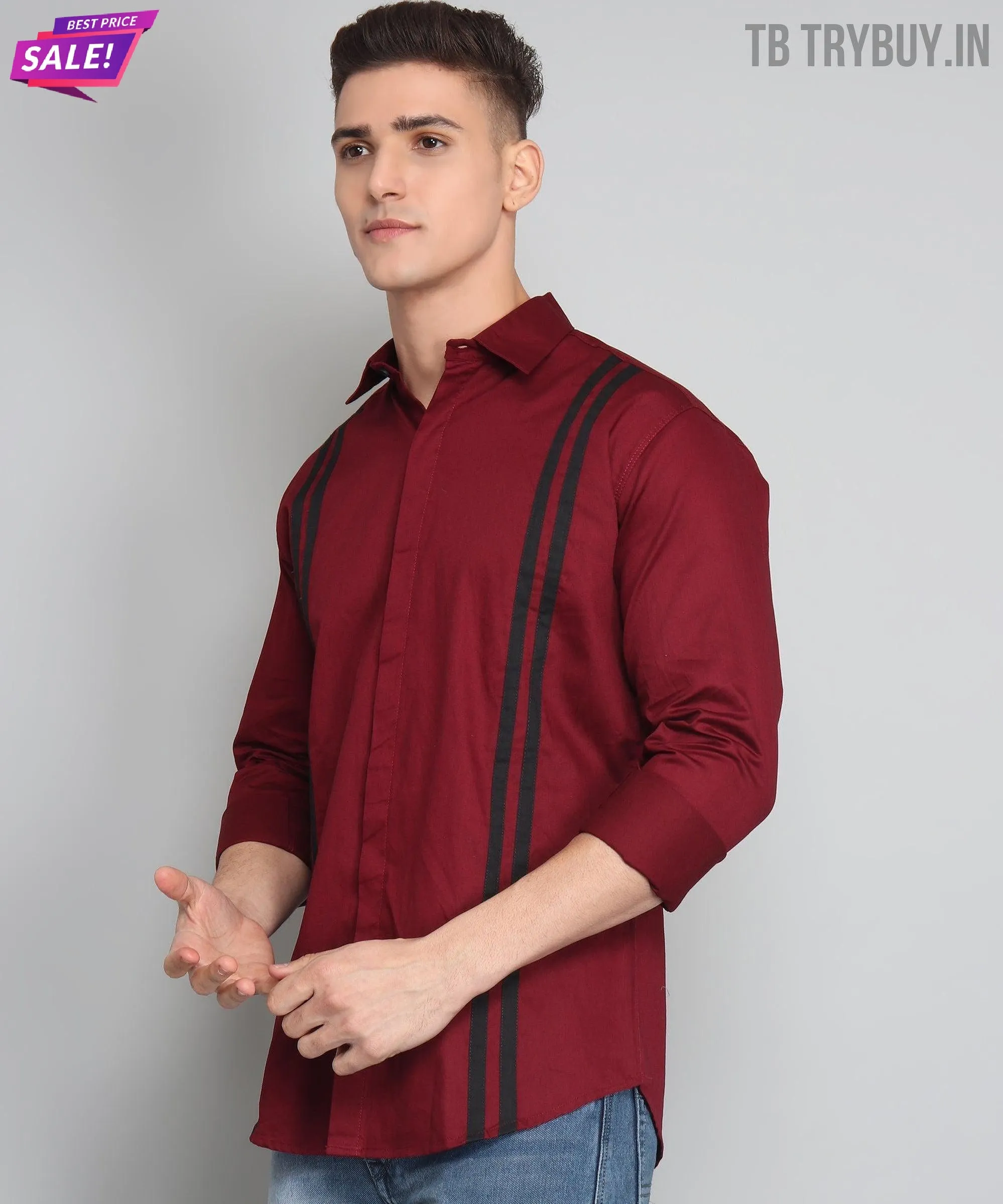 TryBuy Premium Maroon Colored Black Striped Cotton Casual Shirt for Men