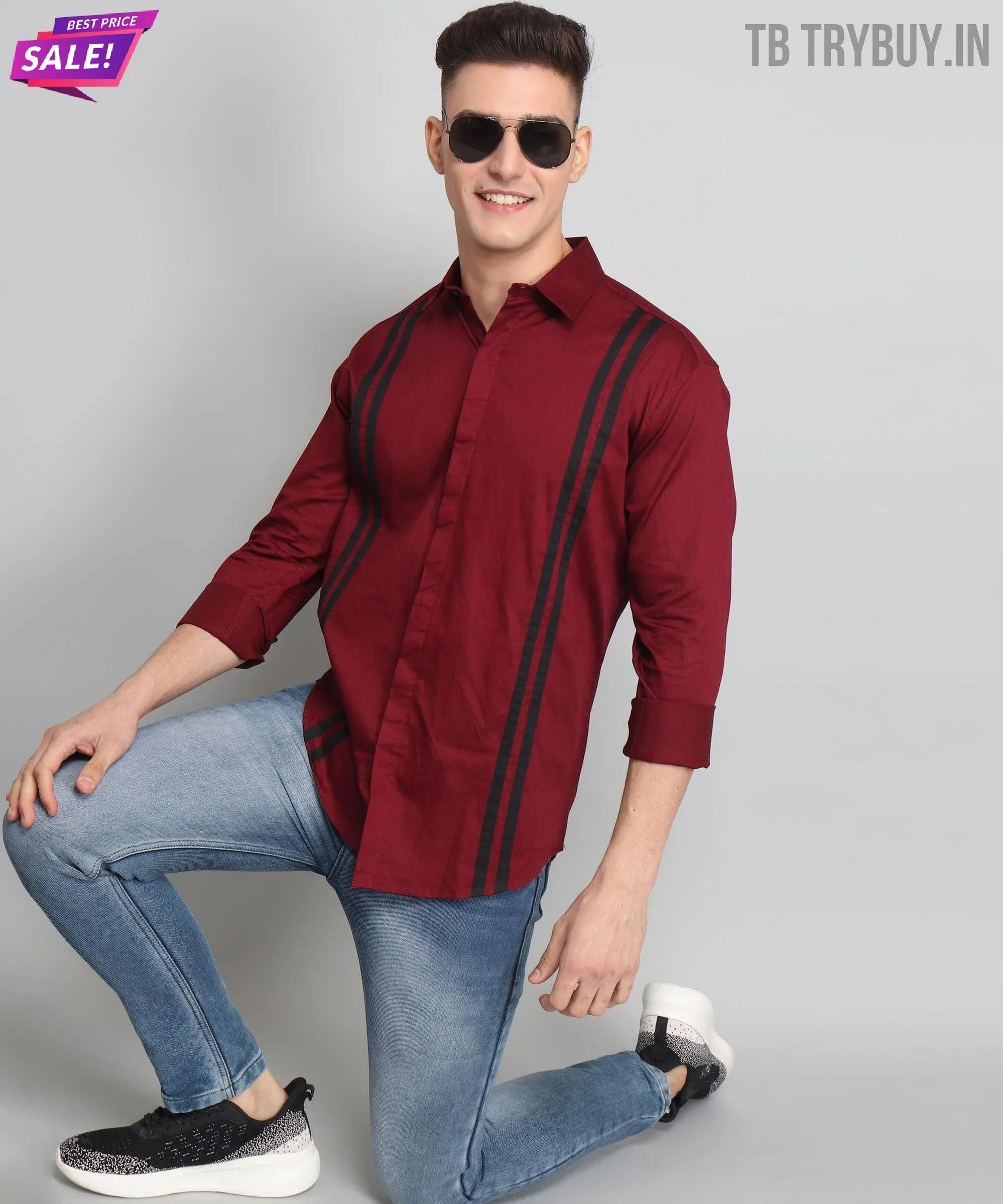 TryBuy Premium Maroon Colored Black Striped Cotton Casual Shirt for Men