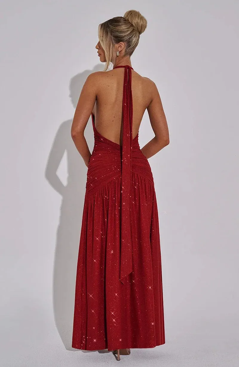 Valentina High-Slit Halter Neck Maxi Dress - Ruched Waist Evening Gown