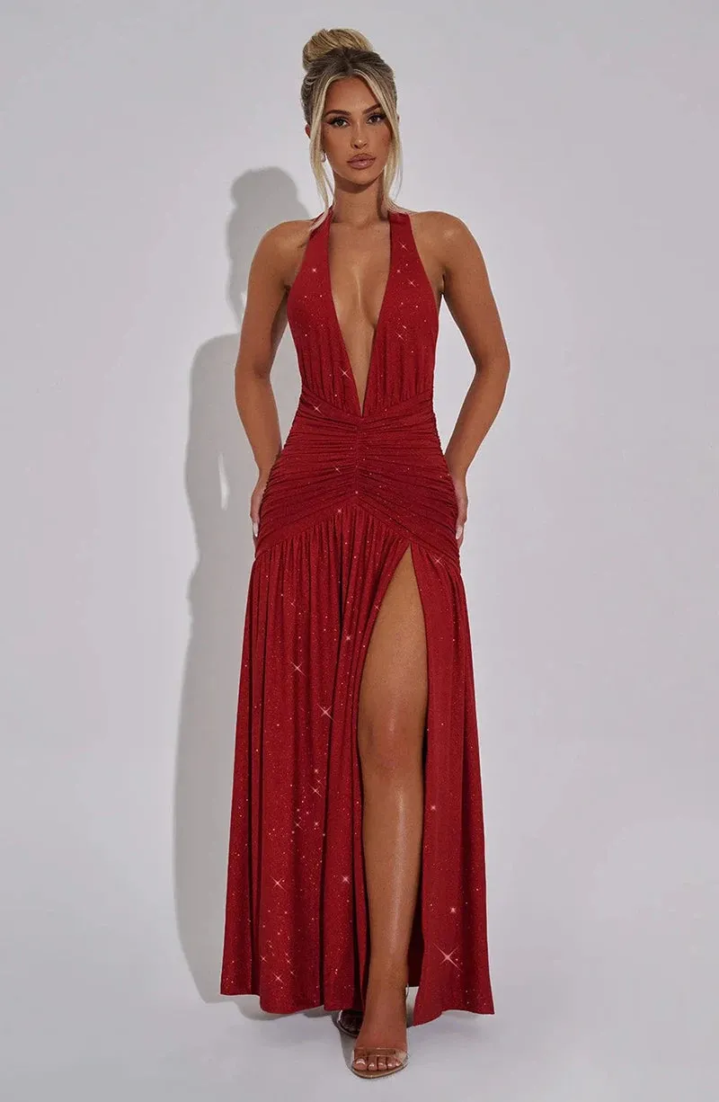 Valentina High-Slit Halter Neck Maxi Dress - Ruched Waist Evening Gown