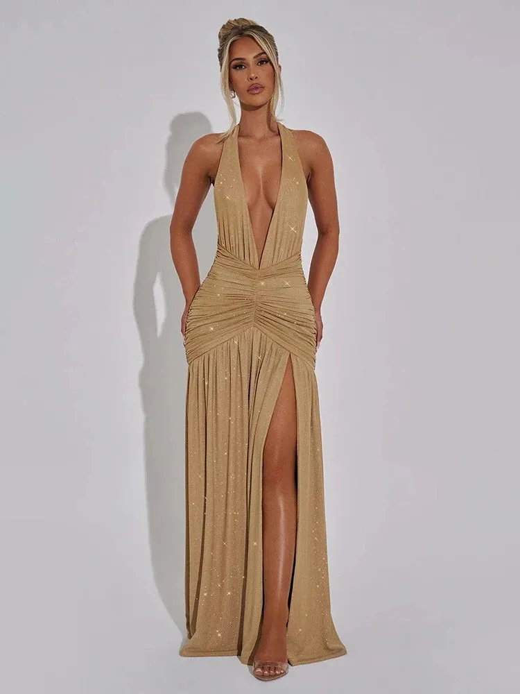 Valentina High-Slit Halter Neck Maxi Dress - Ruched Waist Evening Gown