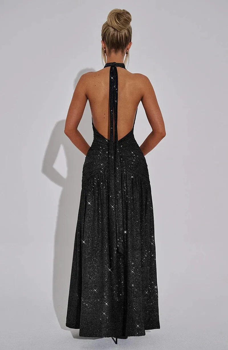 Valentina High-Slit Halter Neck Maxi Dress - Ruched Waist Evening Gown