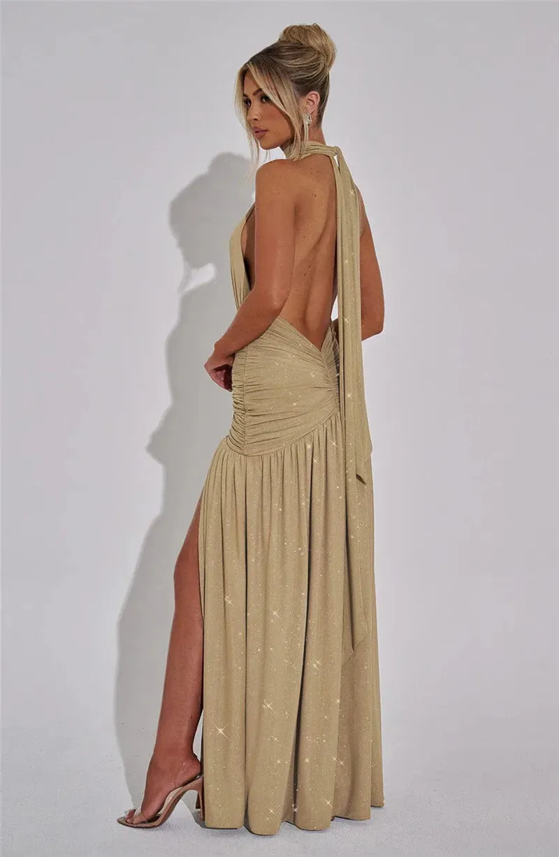 Valentina High-Slit Halter Neck Maxi Dress - Ruched Waist Evening Gown