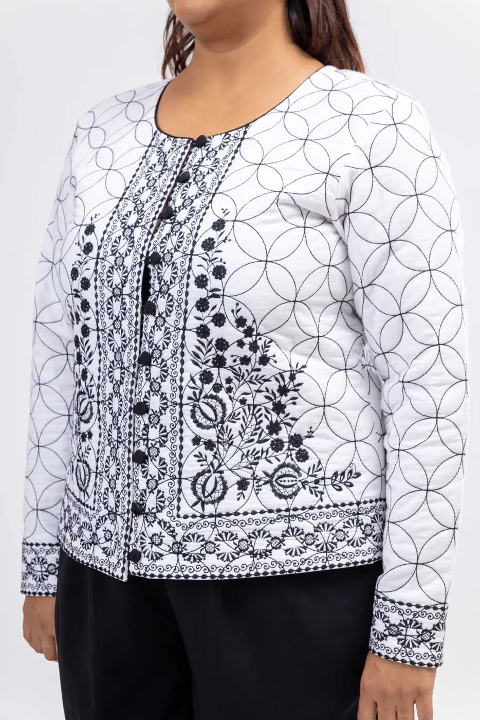 White Vintage Embroidered Full Sleeve Jacket