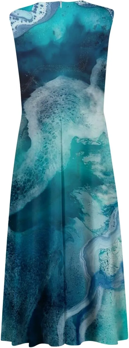 Womens Dresses Wrap V Neck Floral Print Beach Dresses Sleeveless Flowy Ruched Maxi Dress Elegant Sundress