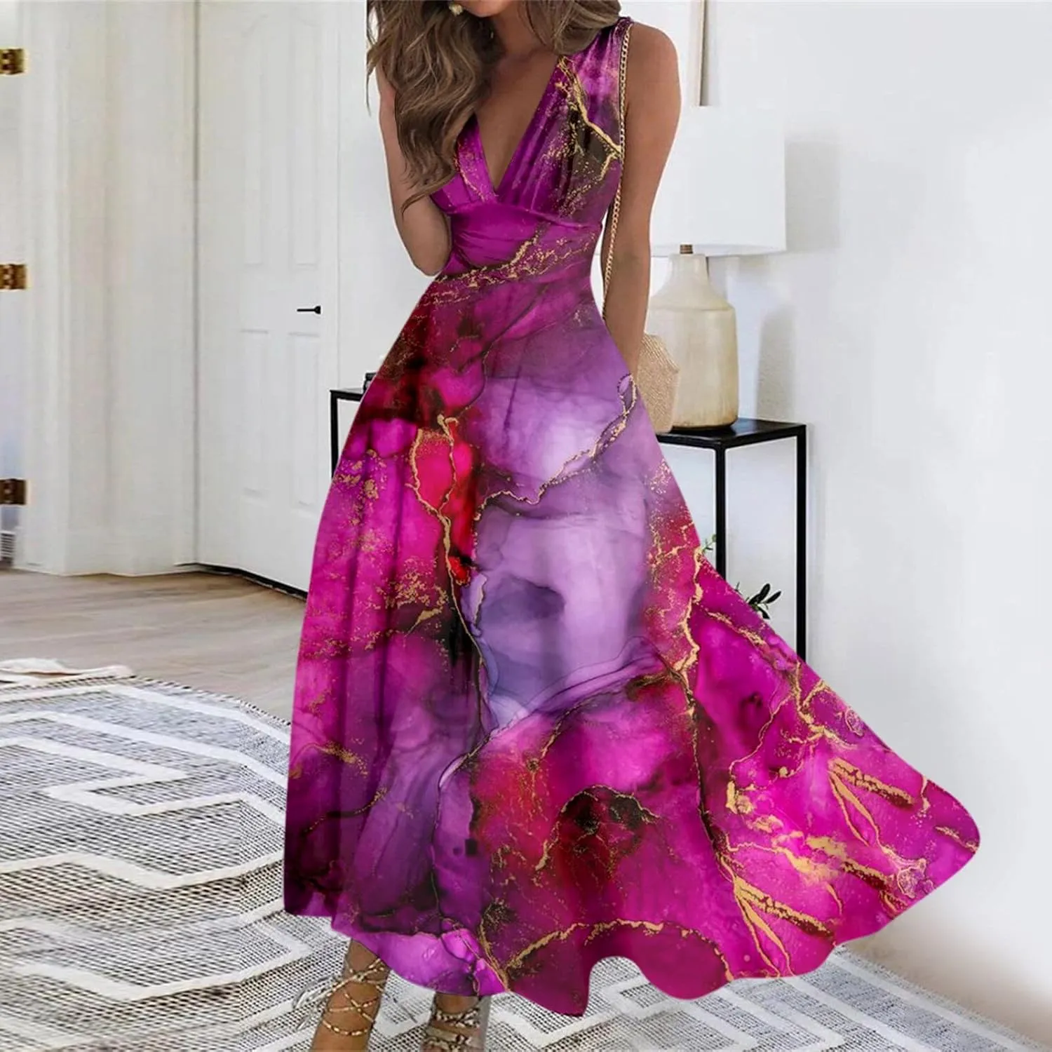 Womens Dresses Wrap V Neck Floral Print Beach Dresses Sleeveless Flowy Ruched Maxi Dress Elegant Sundress