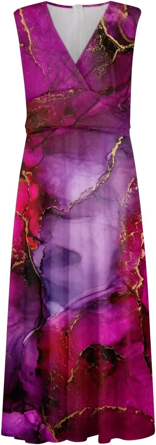 Womens Dresses Wrap V Neck Floral Print Beach Dresses Sleeveless Flowy Ruched Maxi Dress Elegant Sundress