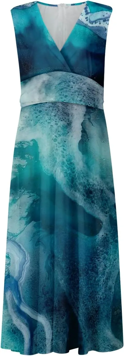 Womens Dresses Wrap V Neck Floral Print Beach Dresses Sleeveless Flowy Ruched Maxi Dress Elegant Sundress