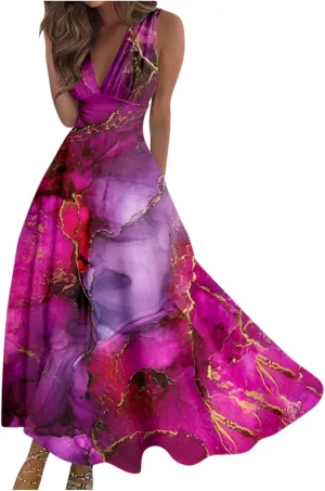 Womens Dresses Wrap V Neck Floral Print Beach Dresses Sleeveless Flowy Ruched Maxi Dress Elegant Sundress