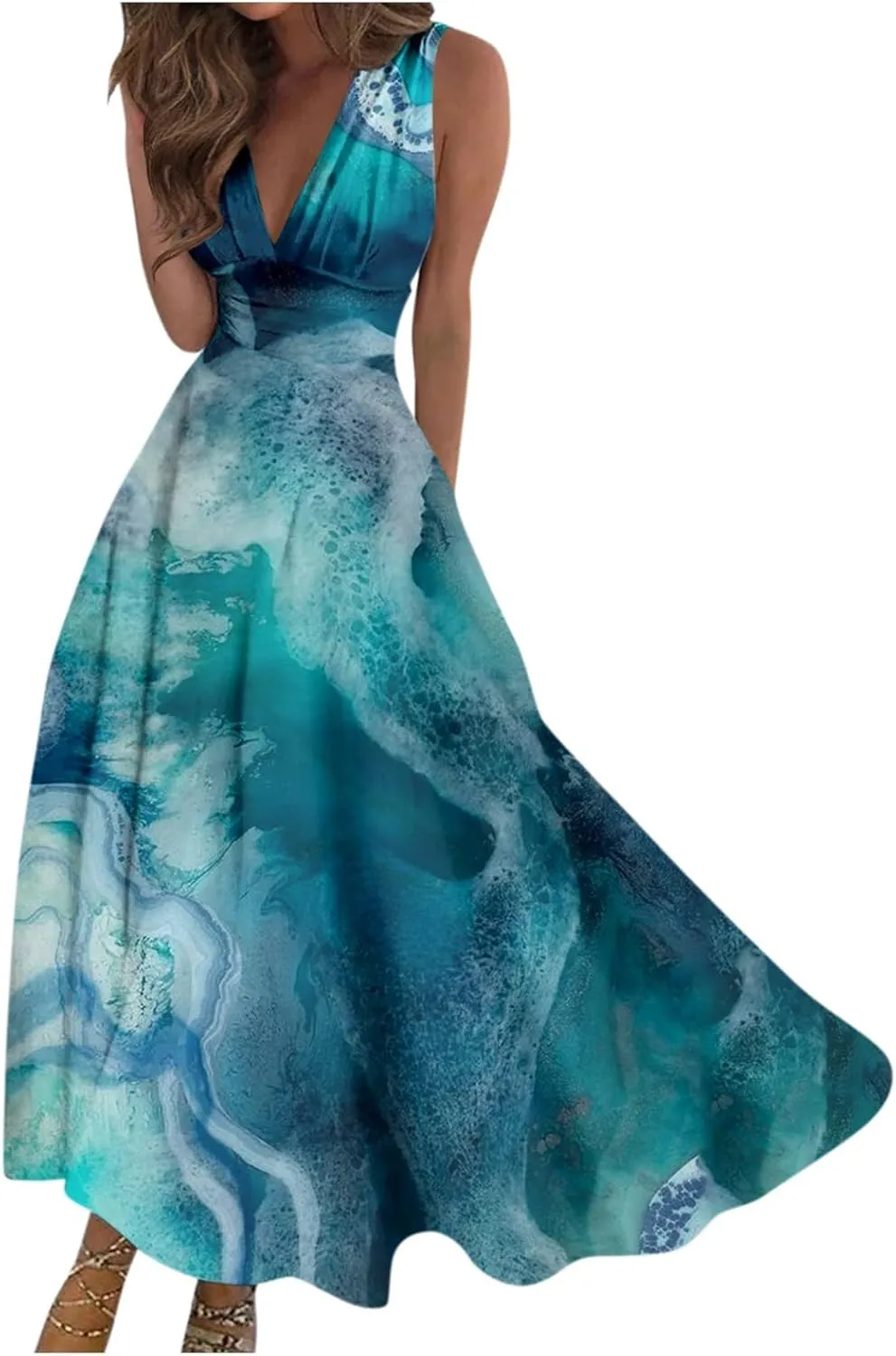 Womens Dresses Wrap V Neck Floral Print Beach Dresses Sleeveless Flowy Ruched Maxi Dress Elegant Sundress