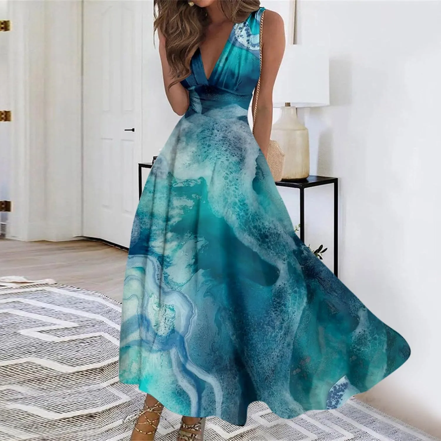 Womens Dresses Wrap V Neck Floral Print Beach Dresses Sleeveless Flowy Ruched Maxi Dress Elegant Sundress